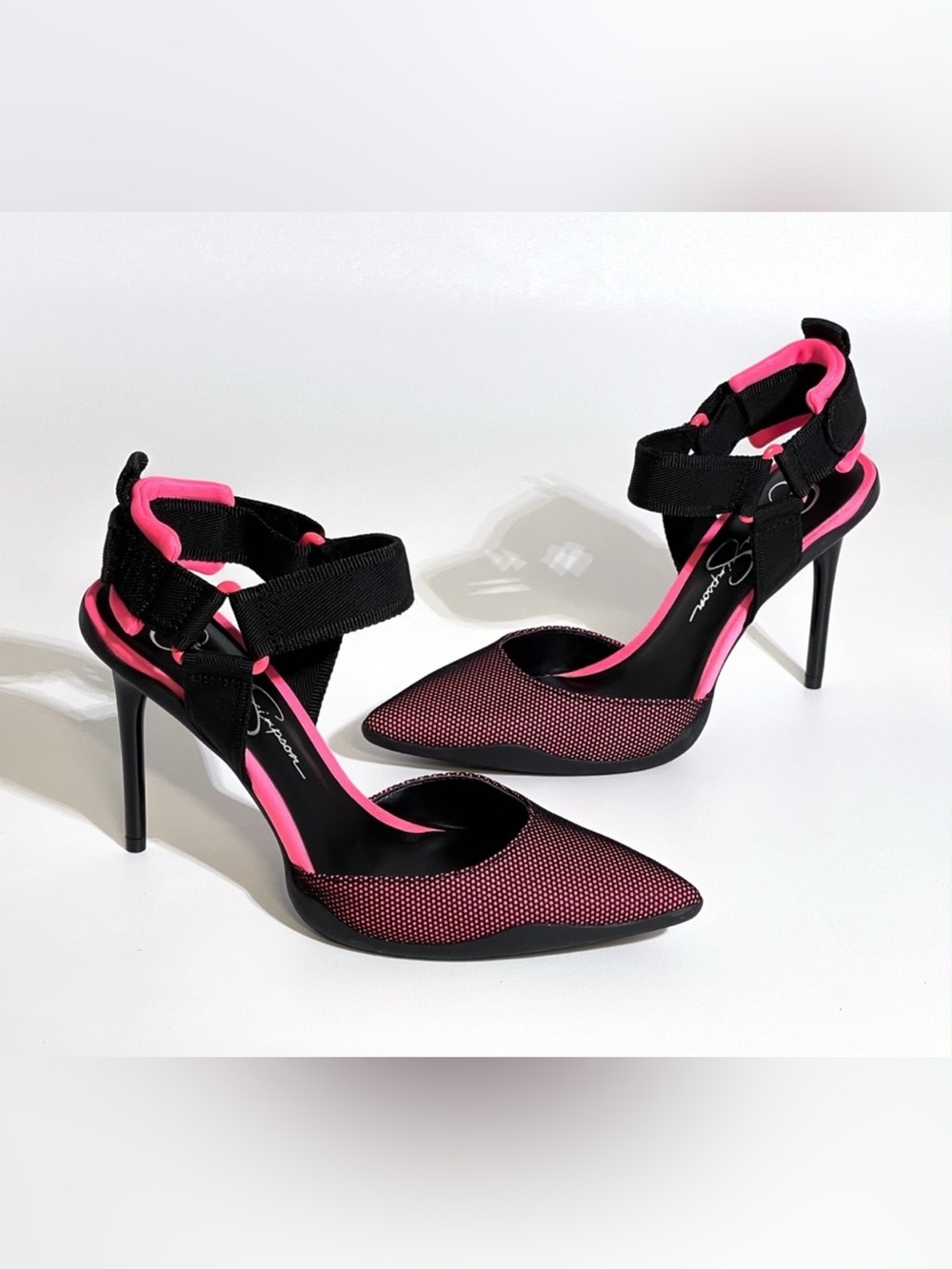 Jessica Black and Hot Pink Pointed Toe Stiletto Heels with Ankle Straps